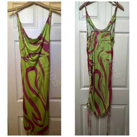 Nasty Gal Lime Green & Hot Pink Marble Print Ruched Cowl Neck Dress NWT - Picture 3 of 14